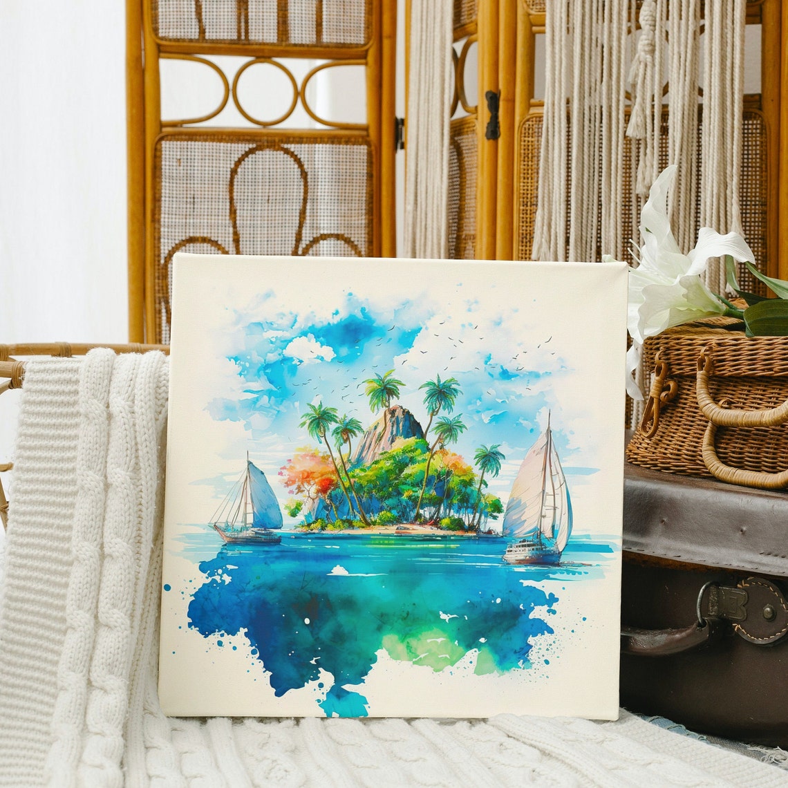 Sailing In Paradise Watercolor Wall Art Beach Landscape Art Beach Art Print Beach Decor Tropical Scrapbooking - Image 2