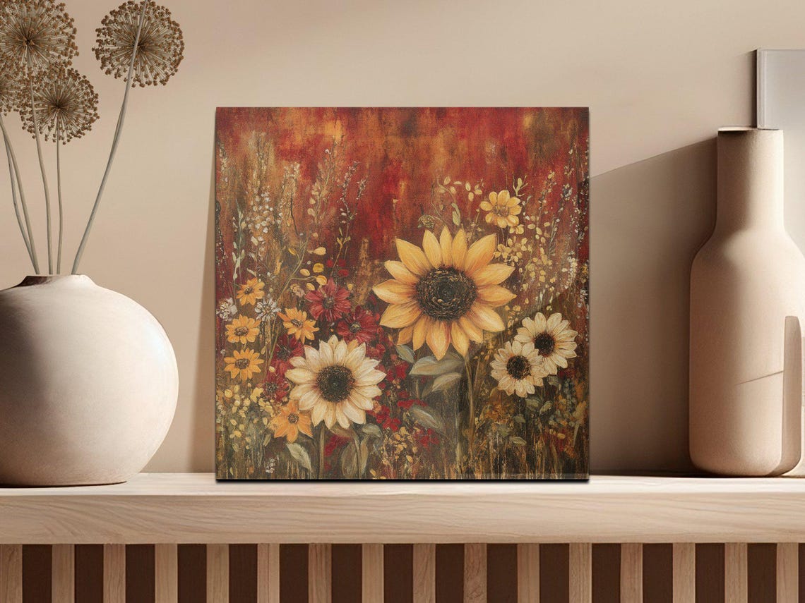 Sunflowers and Wildflowers on a Warm Rustic Red Canvas Poster - Image 2