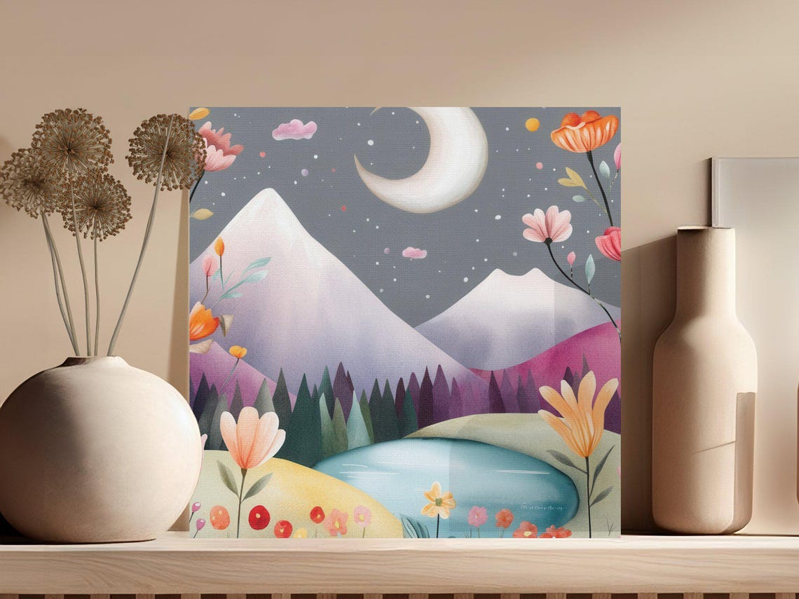 Whimsical Night Sky With Crescent Moon Over Mountain Lake Poster - Image 3