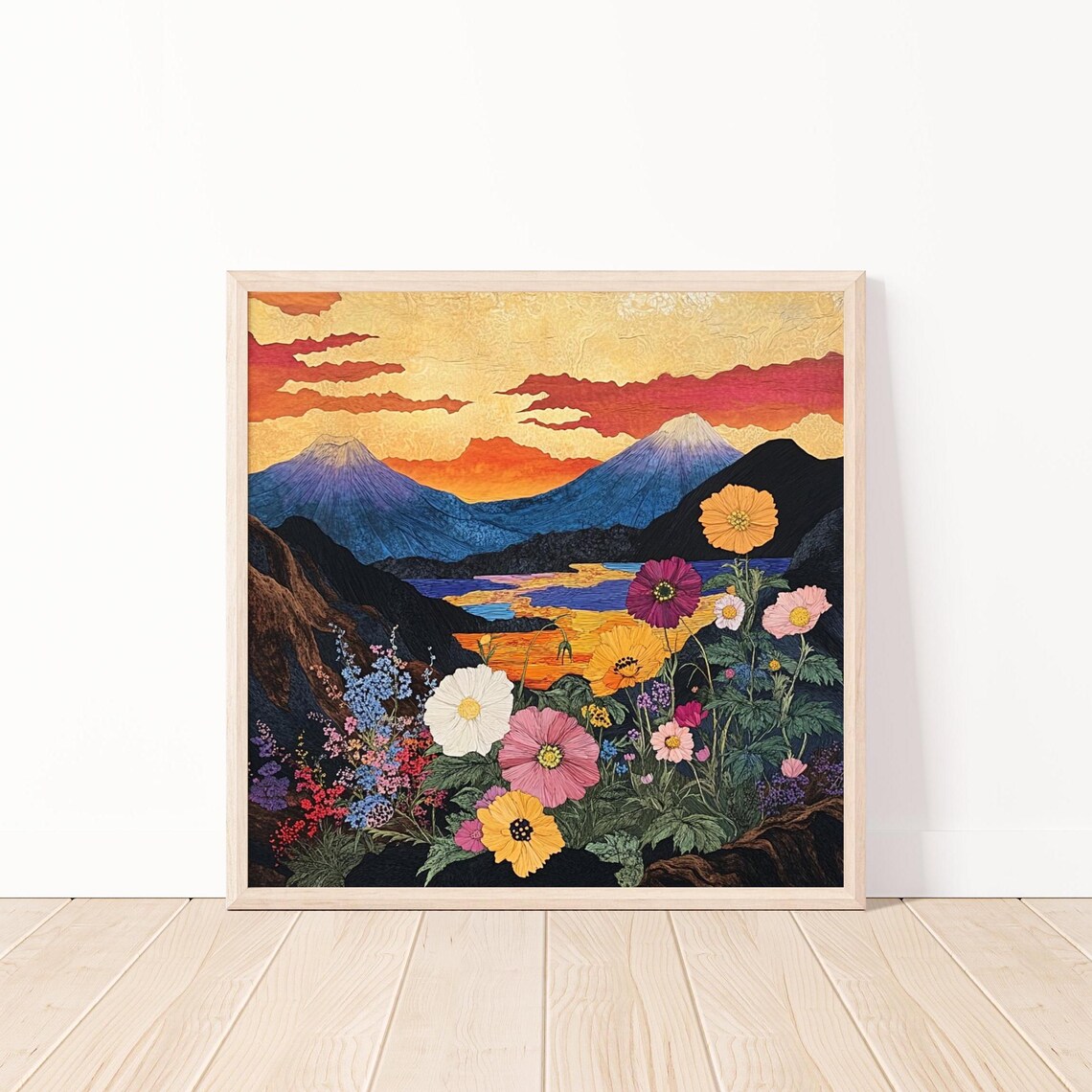 Mount Fuji Sunset With Wildflowers in Japanese Painting Style Poster