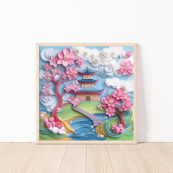Japanese Pagoda With Cherry Blossoms Cute Wall Art Papercraft Style Art For Home Decor Nature Scene 20x20
