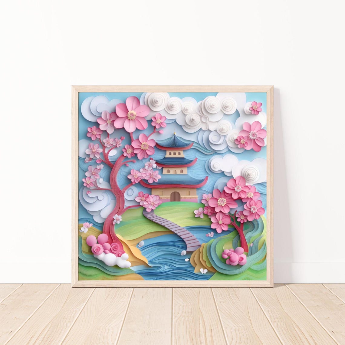 Paper Quilling Japanese Pagoda Surrounded by Cherry Blossoms Poster