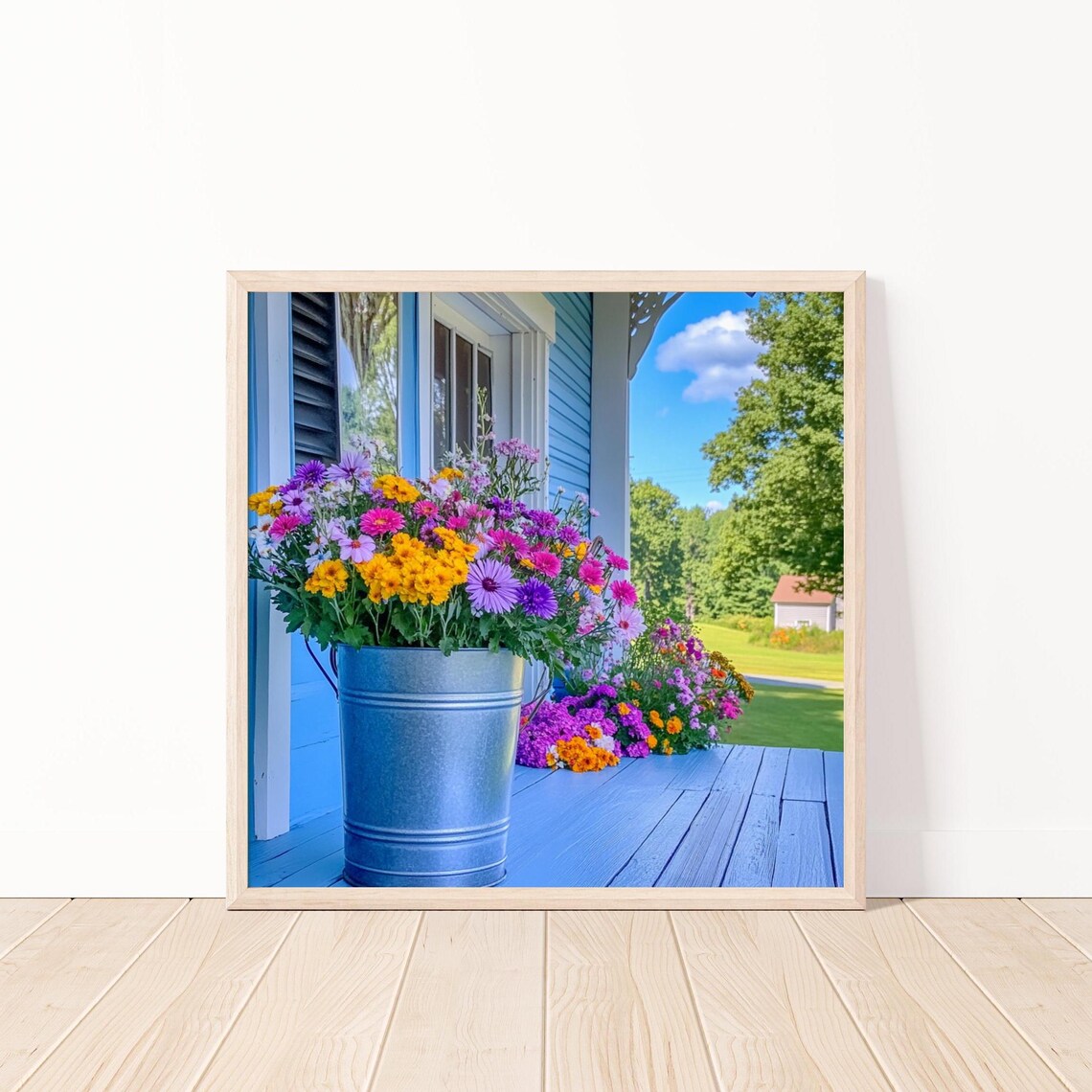 Colorful Flower Bouquet in Metal Bucket on Blue Porch Floral Poster