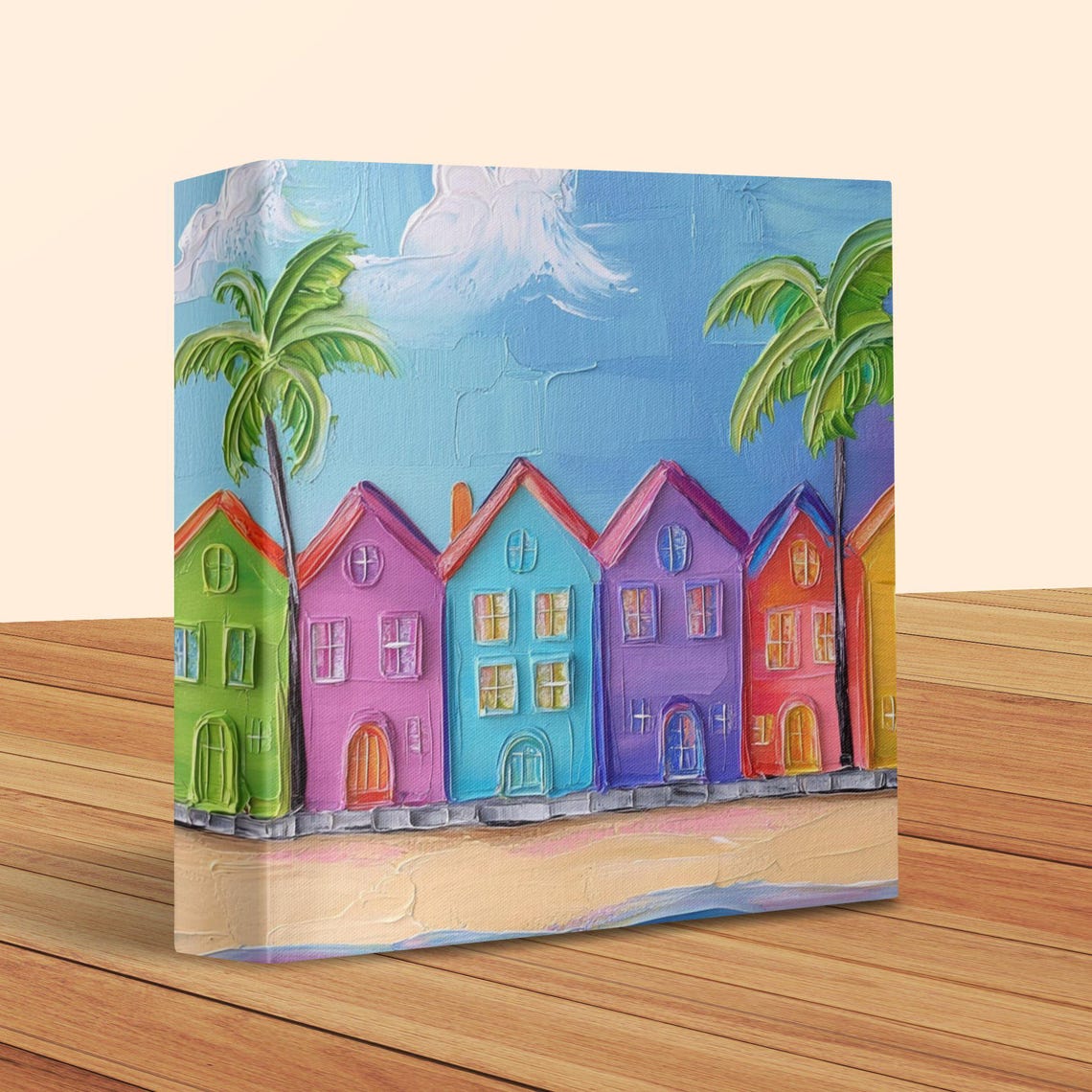 Impasto Rainbow Beach Huts and Palm Trees in Bold Texture Poster - Image 2