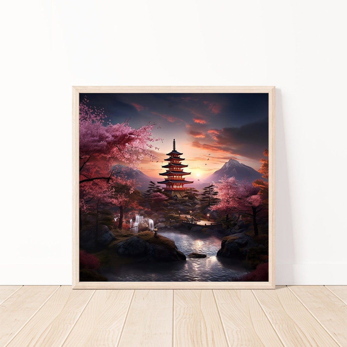 Japanese Pagoda Sunset Cherry Blossoms and Mount Fuji Art Poster