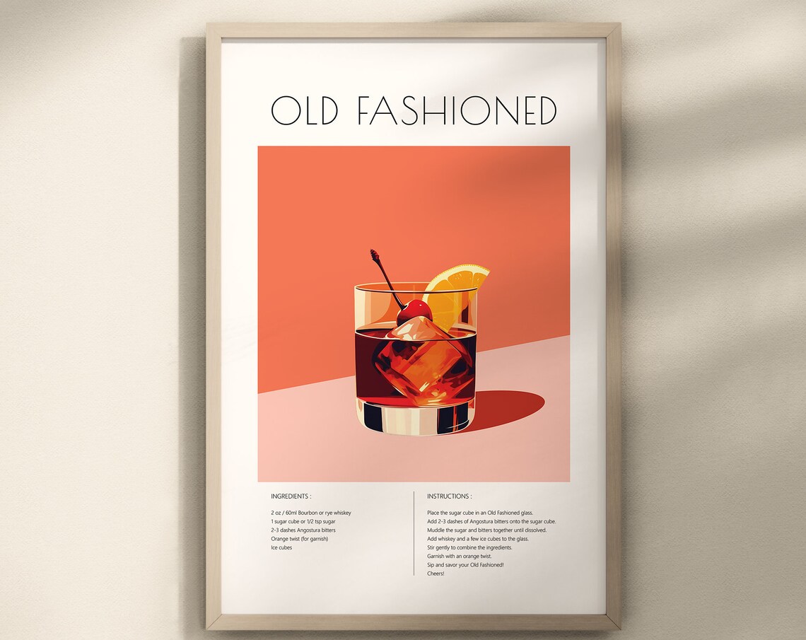 Old Fashioned Cocktail Print, Classic Bar Cart Guide