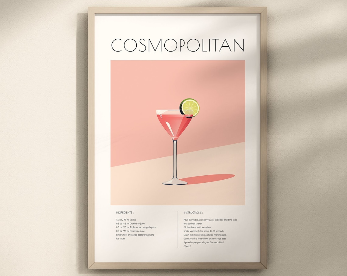 Cosmopolitan Cocktail Poster, Bar Cart Kitchen Art