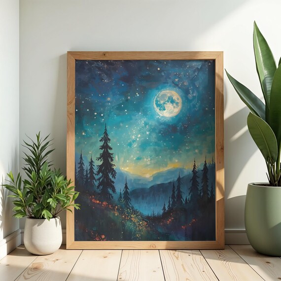 Moonlit Forest Painting Starry Night Sky Landscape
