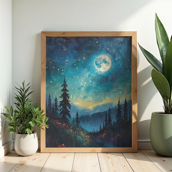 Moonlit Pine Forest Starry Night Sky Full Moon Watercolor Landscape Print