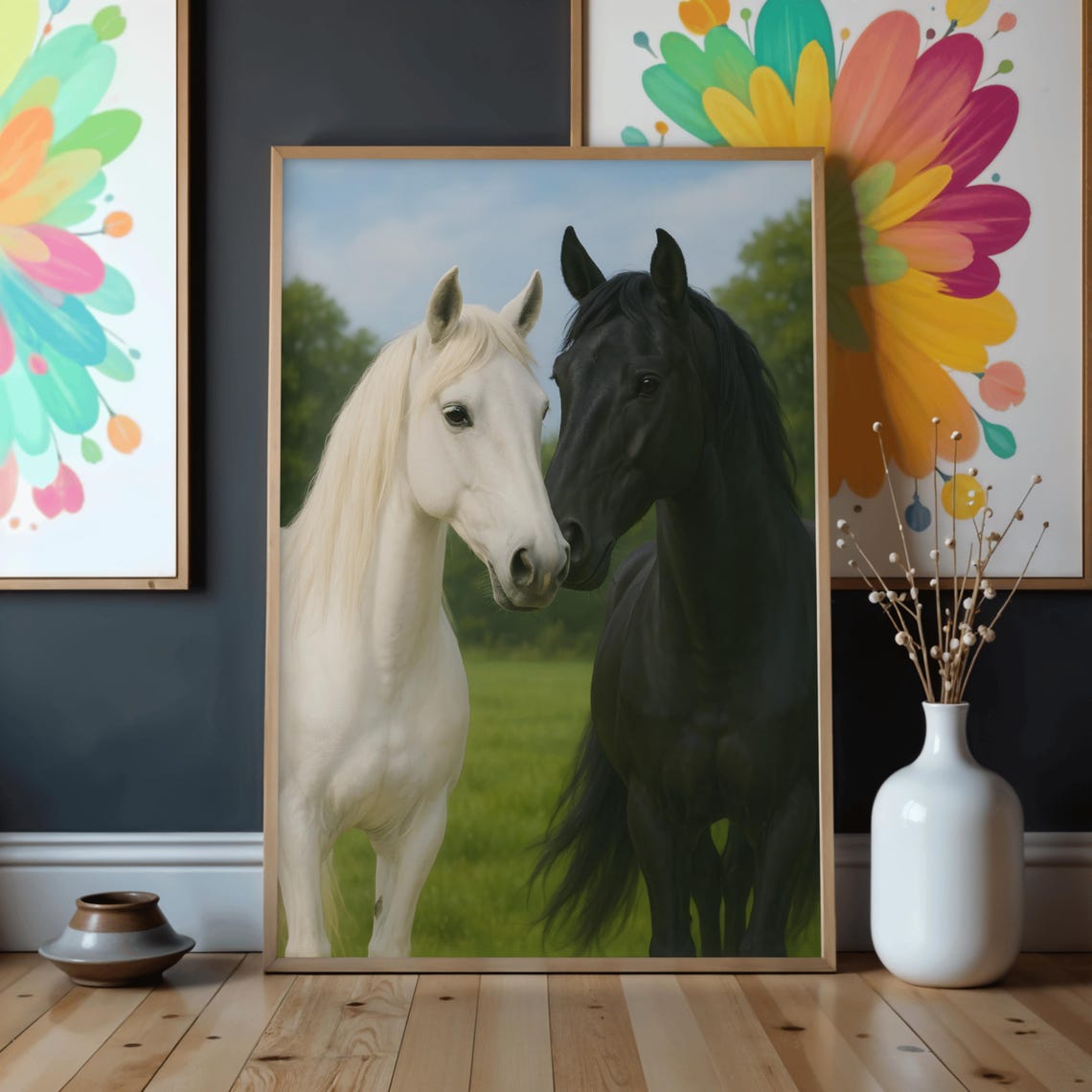 Black White Horses Portrait Print Elegant Equine Pair Nature Scene