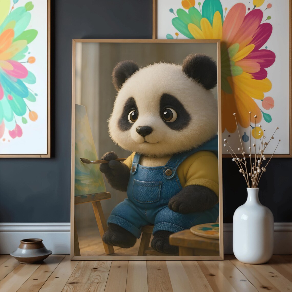 Baby Panda Artist Painting at Easel Cute Nursery Animal Decor Poster