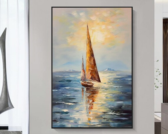 Sailboat At Sunrise On Shimmering Blue Water Oil Painting Poster
