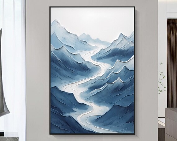 Large 3d Blue Textured Mountains Painting Mountain River Landscape Oil Painting Wabi Sabi Wall Art Modern Acrylic Painting Office Wall Decor