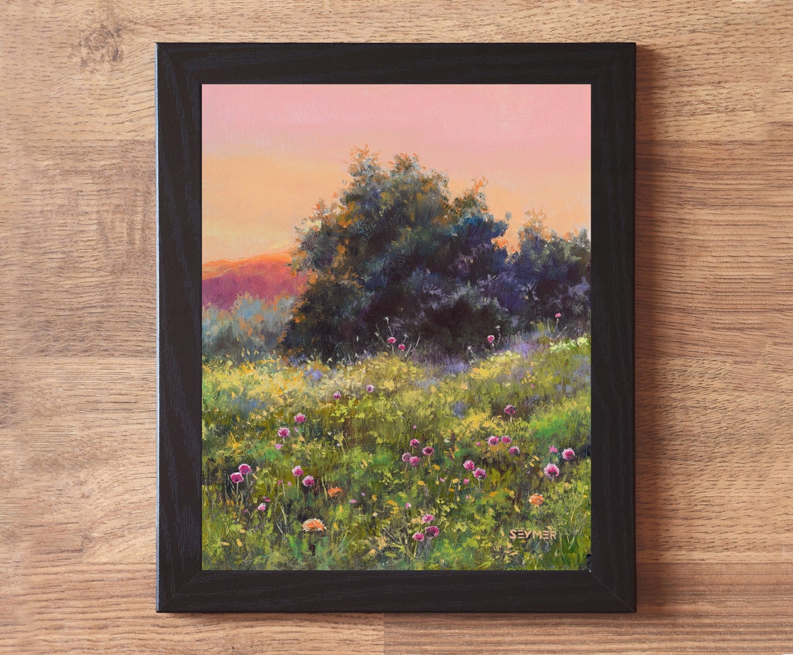 Wildflower Meadow at Sunset beside a Large Leafy Shade Tree Poster - Image 3