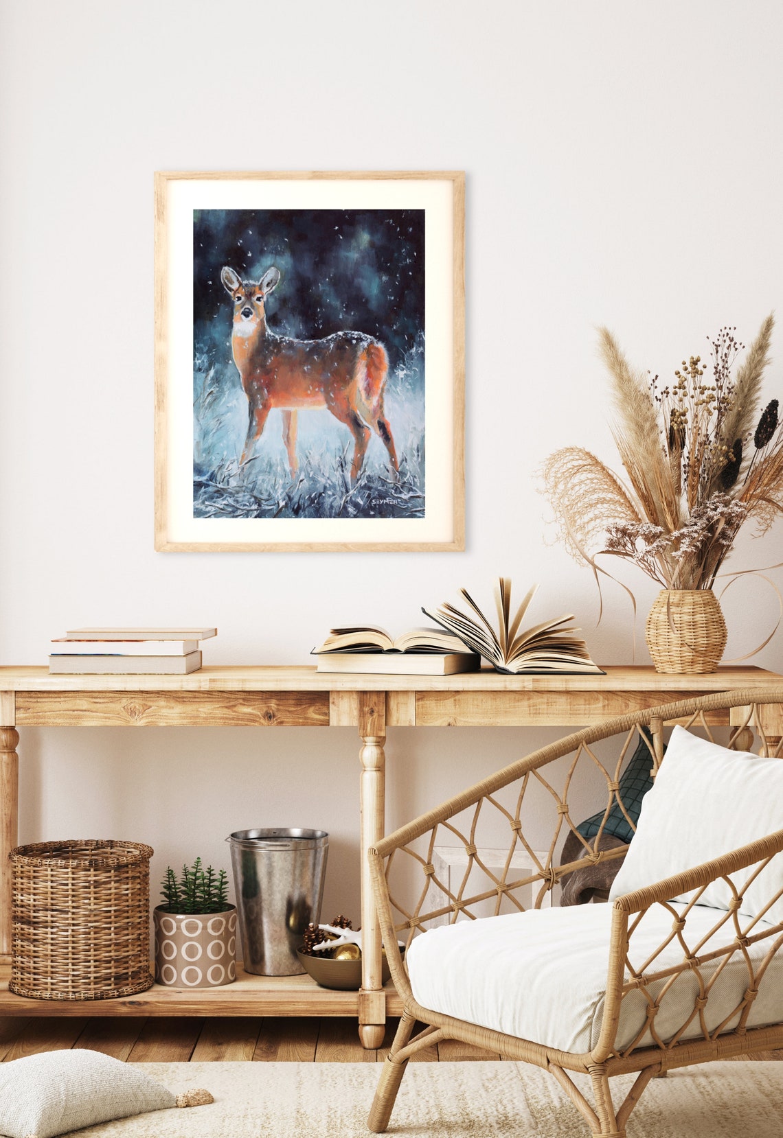 Female Deer Standing in a Snowy Winter Forest at Night Poster - Image 3