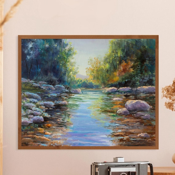 Rocky River Stream Forest Landscape Oil Painting With Sunlight Poster