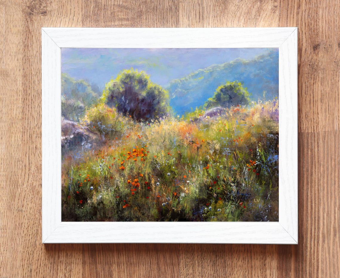 Wildflower Meadow Below Blue Mountains Oil Painting Nature Poster - Image 4