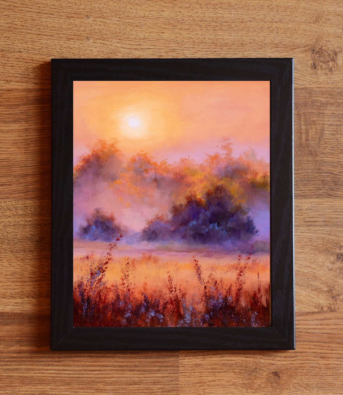 Dawn Grassland Oil Painting Misty Morning Countryside Original Art Sunrise Foggy Meadow Prairie Sunset Landscape Warm Colors Wheat Field - Image 6