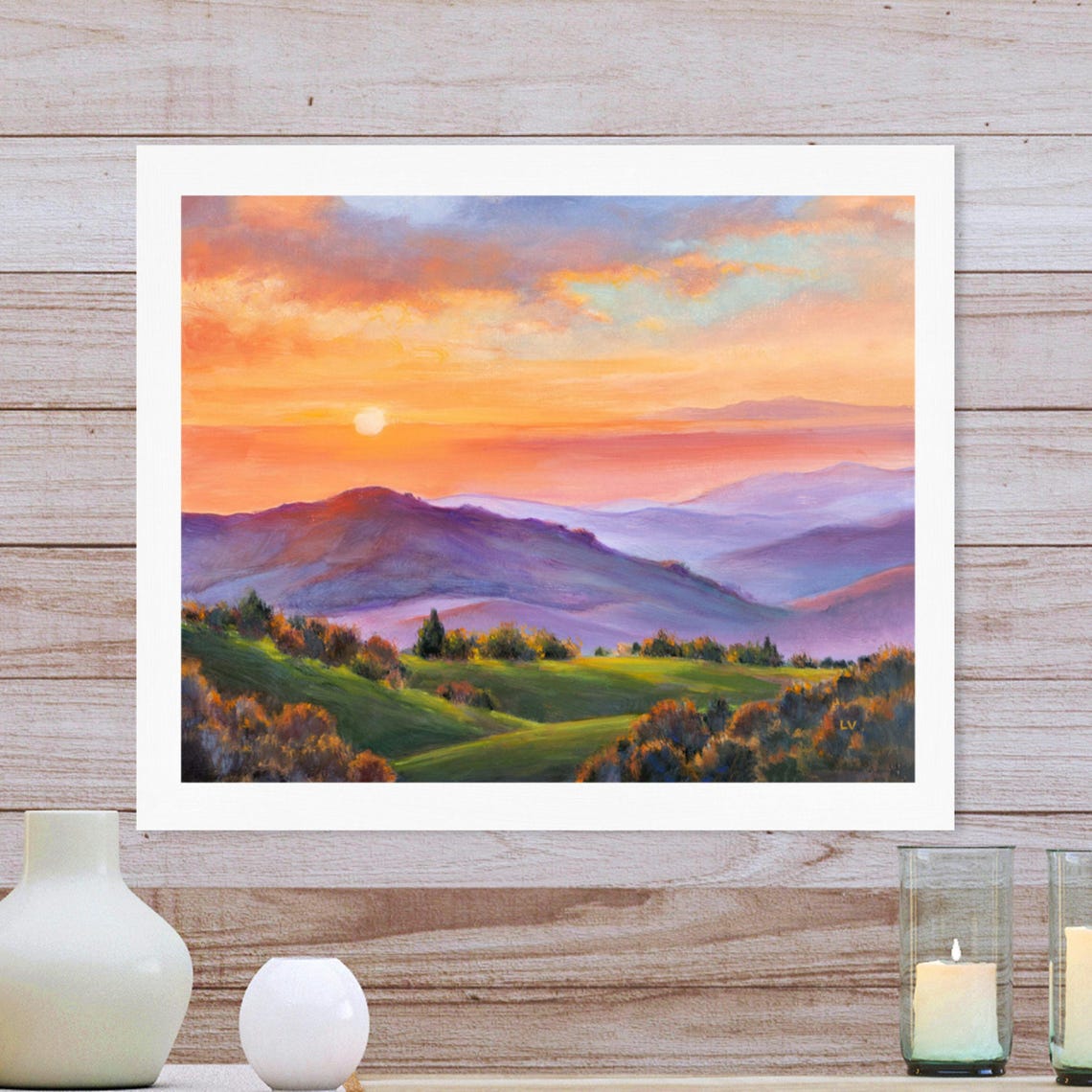 Adirondacks Landscape Art Print Colorful Country Scene Evening Mountains Painting Oak Trees Green Meadow Art Sky Clouds Sunset Poster