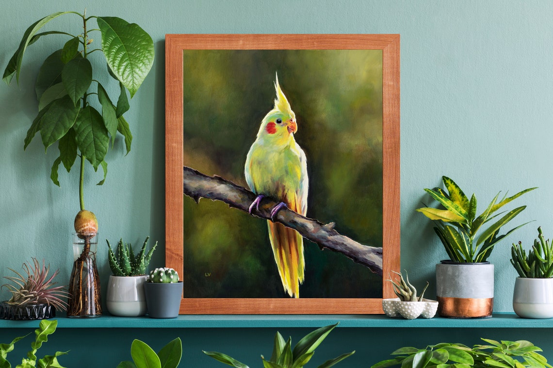 Lutino Cockatiel Parrot Perched on a Branch with Yellow Crest Poster - Image 5