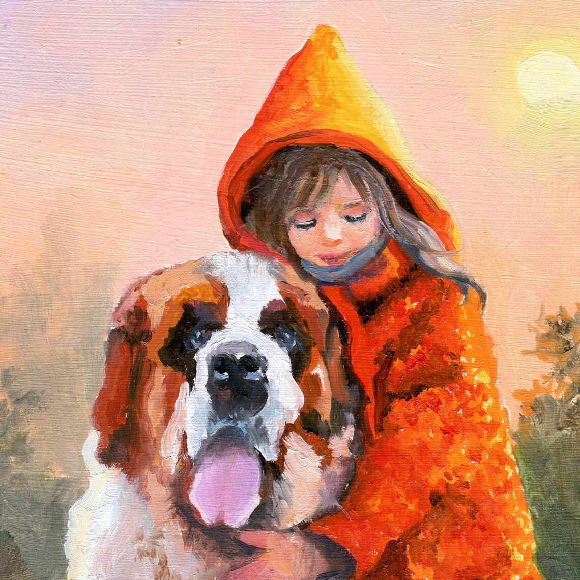 Little Girl in an Orange Hood Hugging a Saint Bernard Dog Poster - Image 4