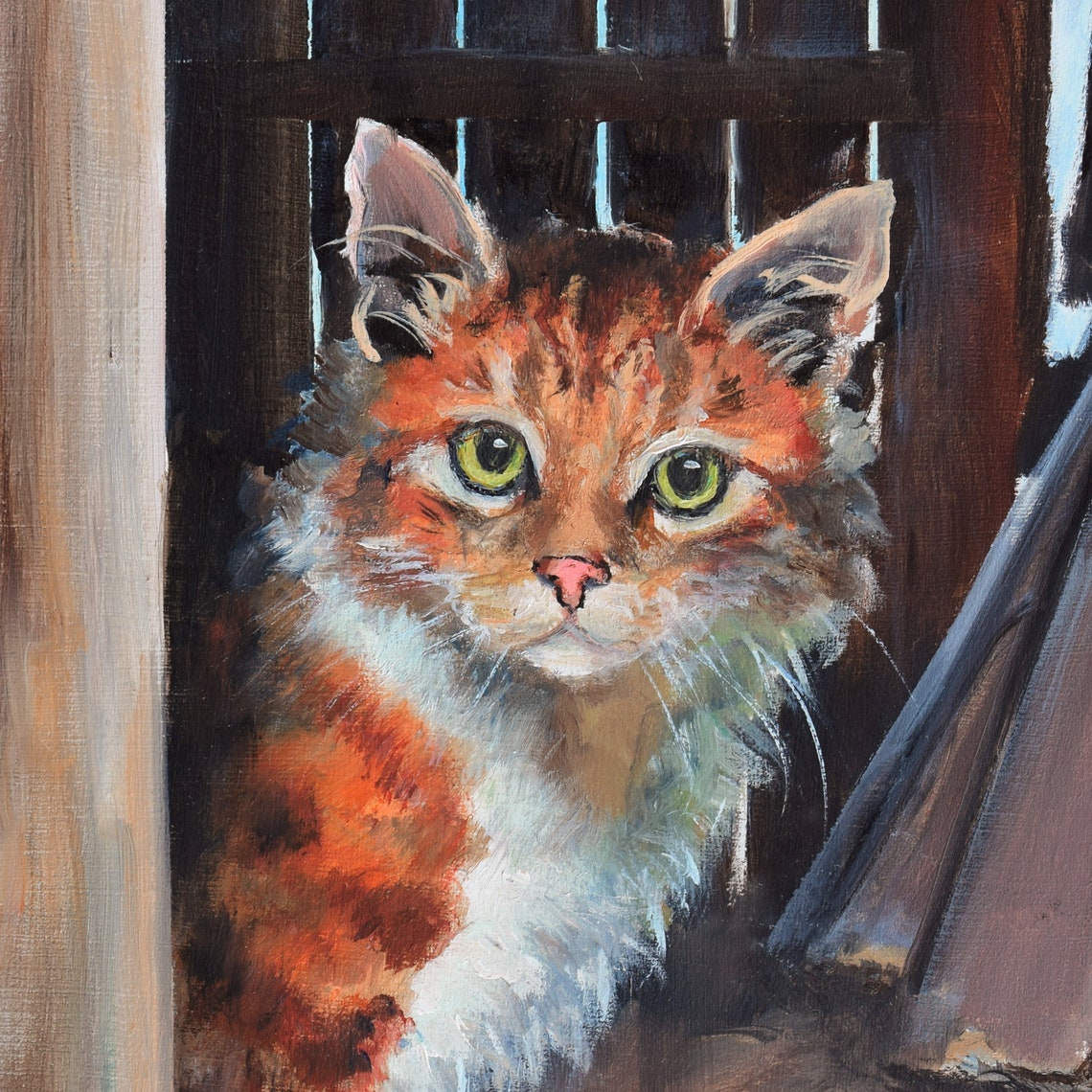 Orange Tabby Cat with Green Eyes in a Rustic Barn Doorway Poster - Image 2