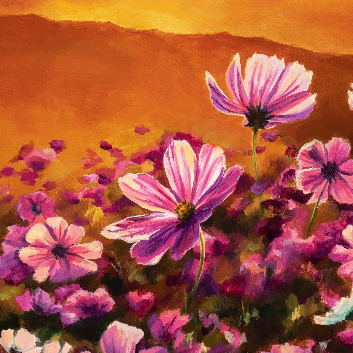 Cosmos Field Golden Sunset Pink Wildflower Meadow Oil Painting Poster - Image 2