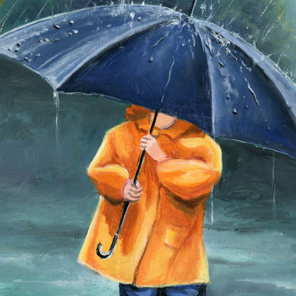 Child in an Orange Raincoat Holding a Navy Umbrella in the Rain Poster - Image 2