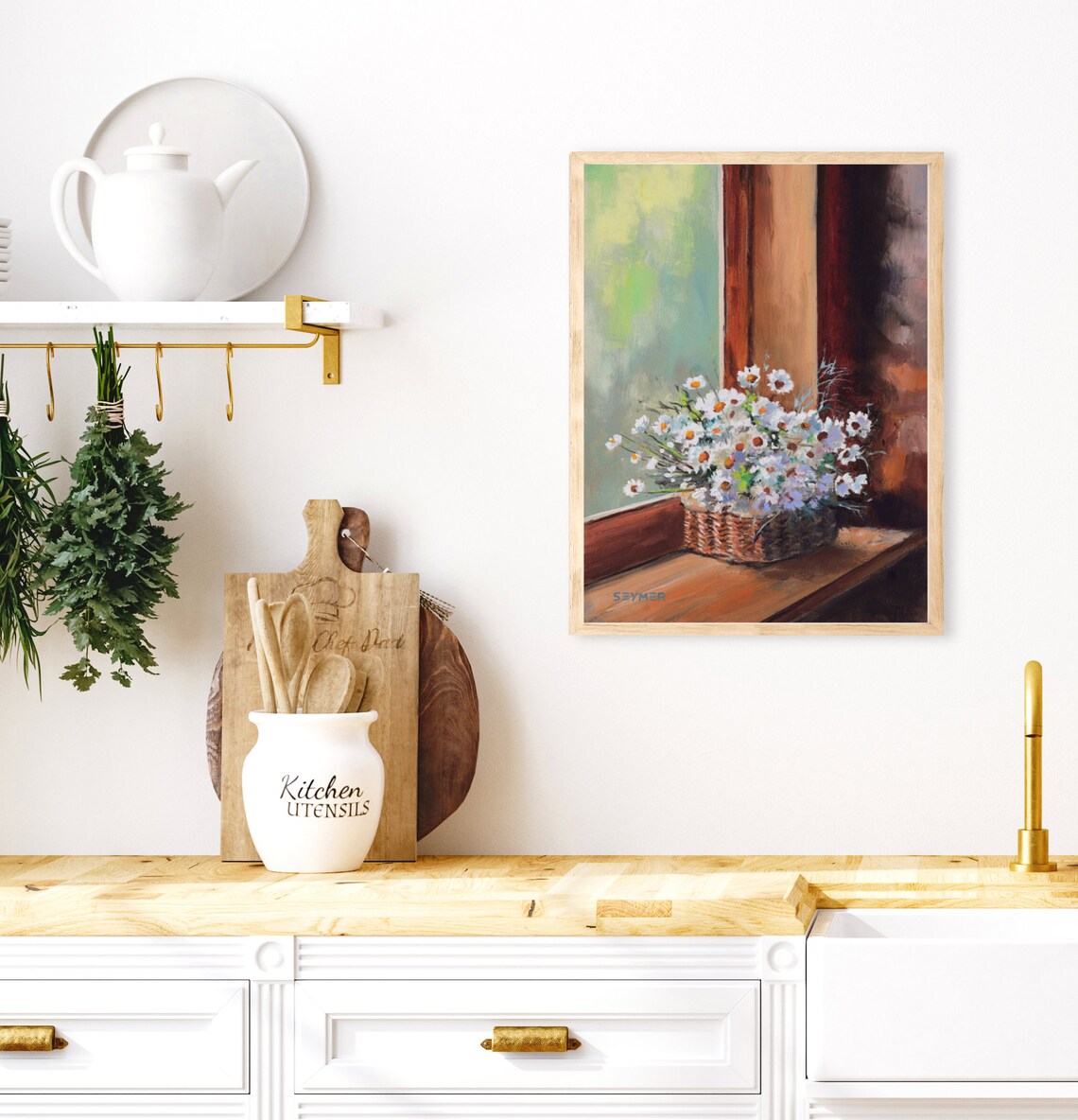 Daisy Still Life, Rustic Cottage Kitchen Art Print - Image 5