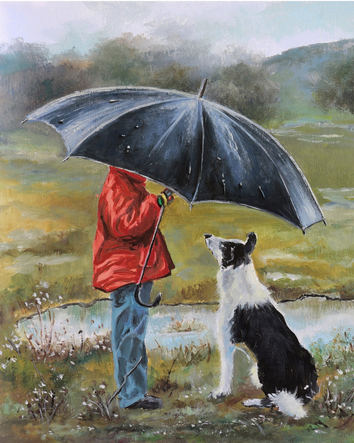 Boy Umbrella Border Collie Rainy Day Pond Field Oil Painting Poster - Image 6