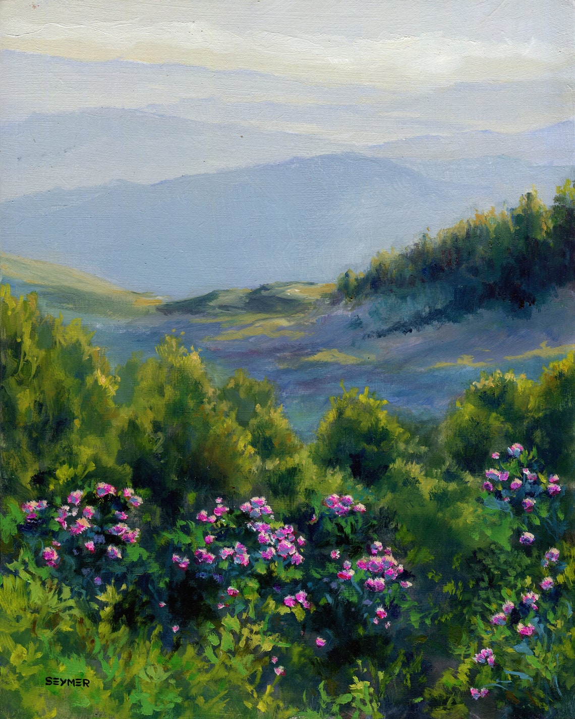 Mountain Valley with Pink Wildflowers under Misty Blue Peaks Poster