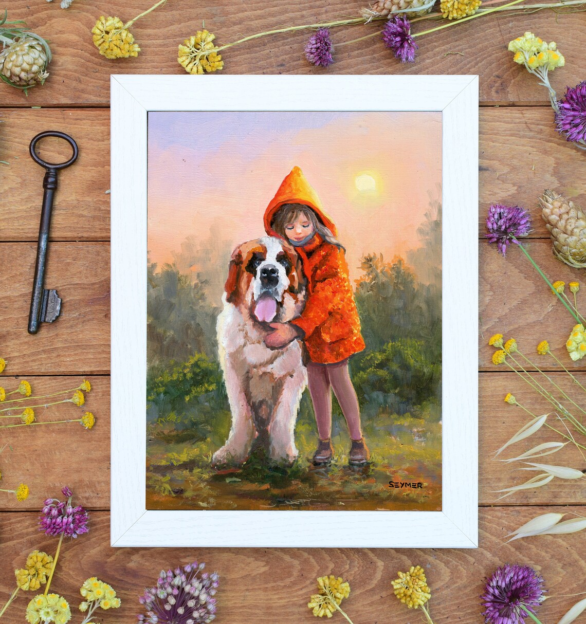 Little Girl in an Orange Hood Hugging a Saint Bernard Dog Poster - Image 2