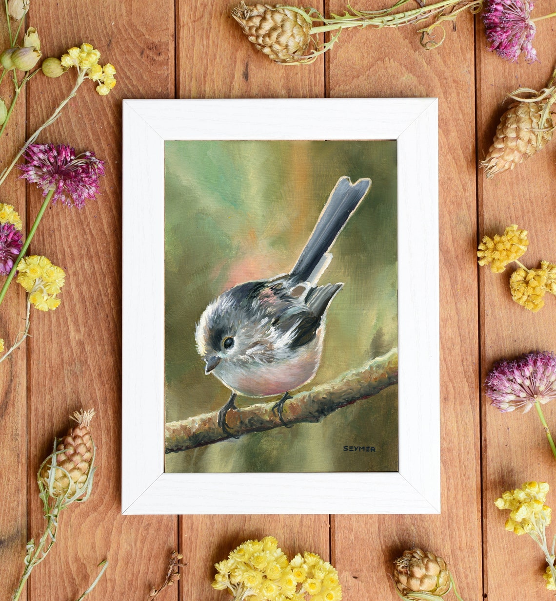 Long-Tailed Tit Perched on a Branch Wildlife Bird Painting Poster - Image 6