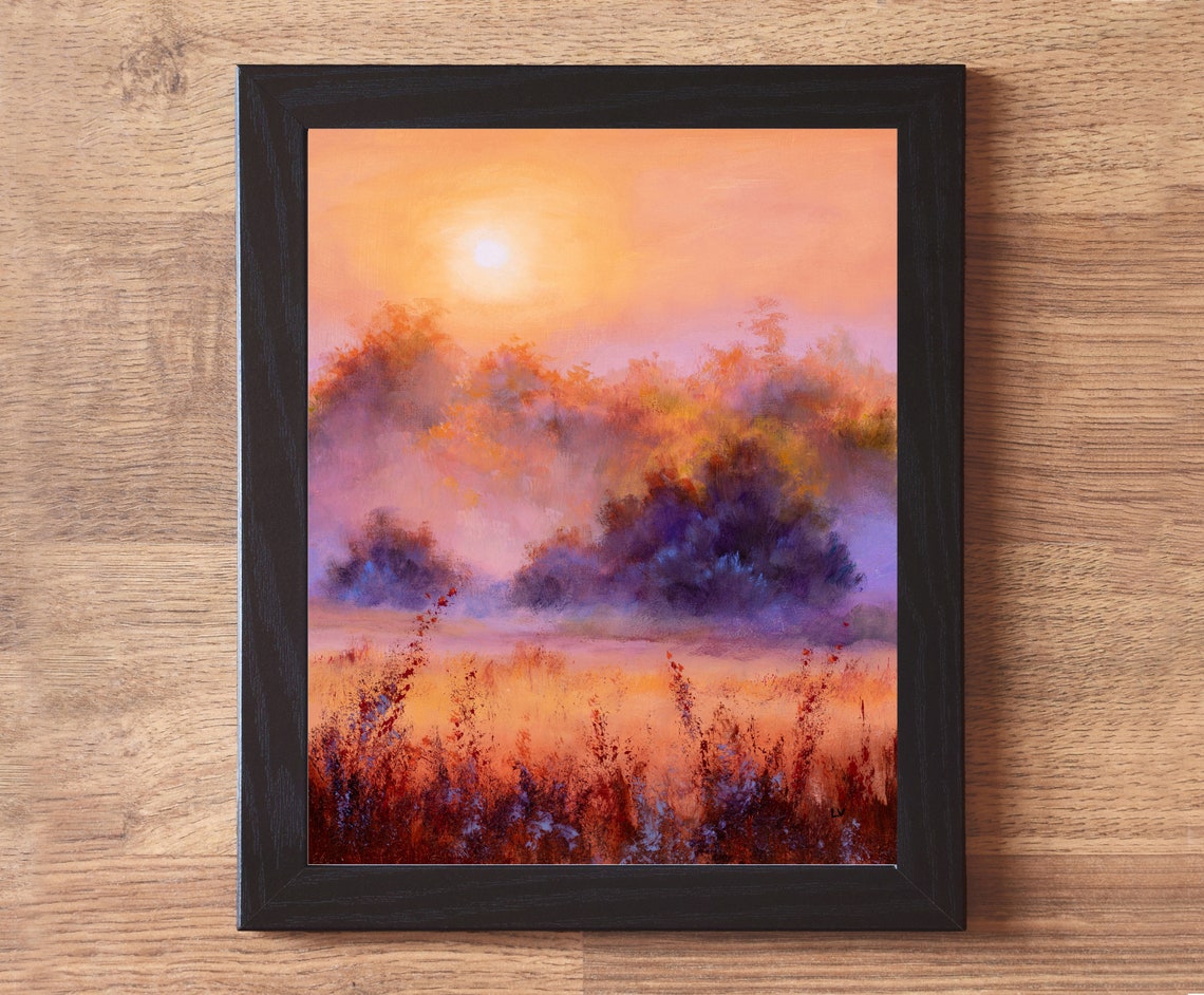 Misty Sunset Over An Autumn Field With Trees In Soft Fog Colors Poster