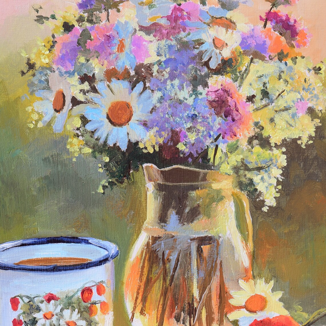 Wildflowers in a Glass Pitcher Still Life Oil Painting Poster - Image 3