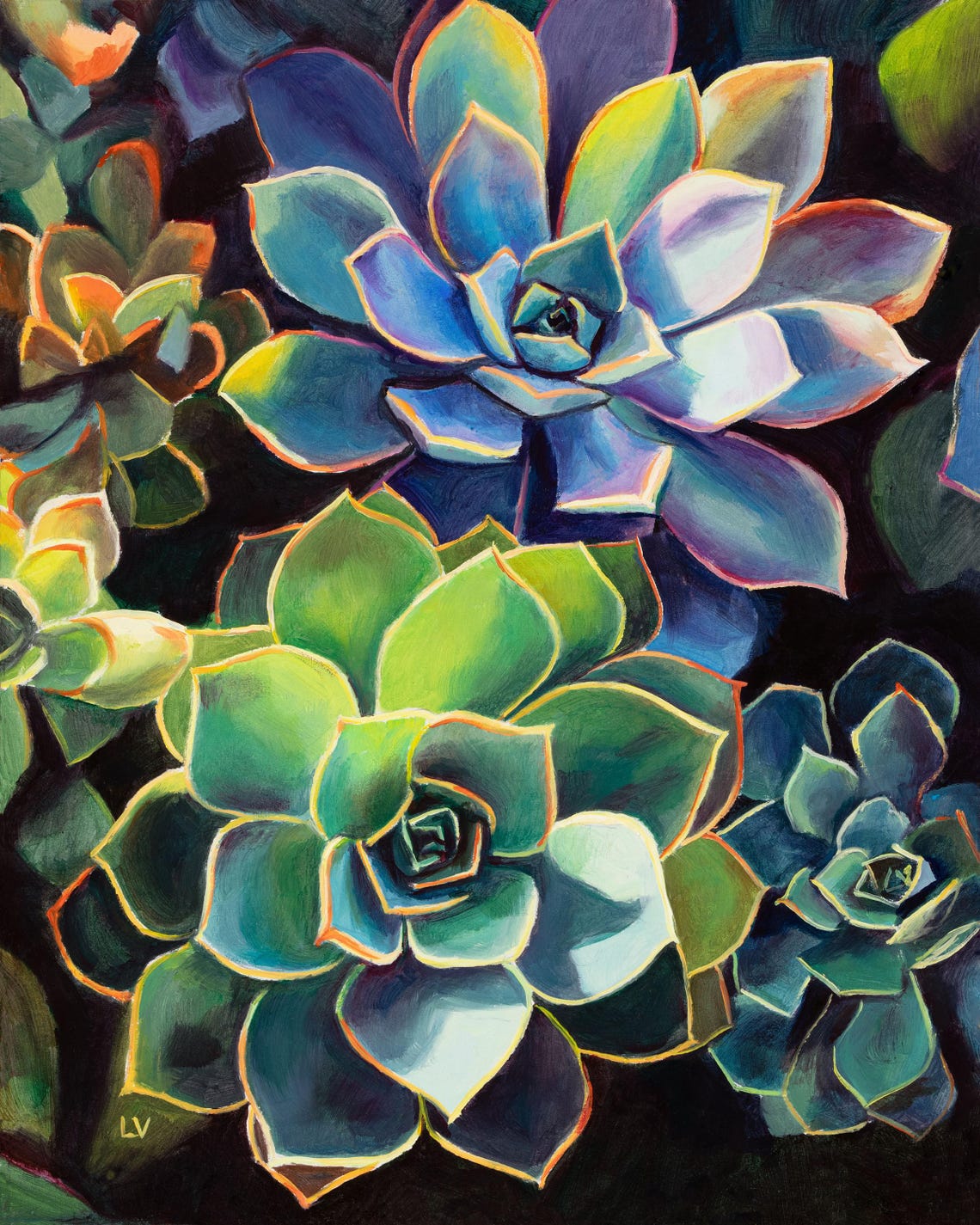 Blue and Green Succulent Cluster Oil Painting Botanical Print - Image 6