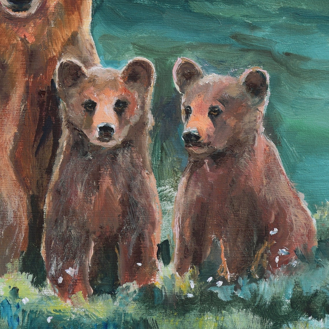 Mama Brown Bear Watching Over Two Cubs in a Green Meadow Poster - Image 2