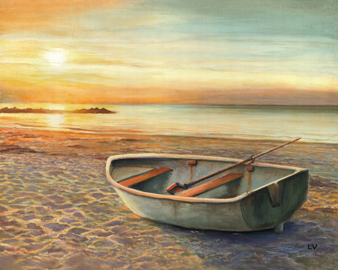 Rowboat On Shore At Sunset Beach Ocean Landscape Painting Poster
