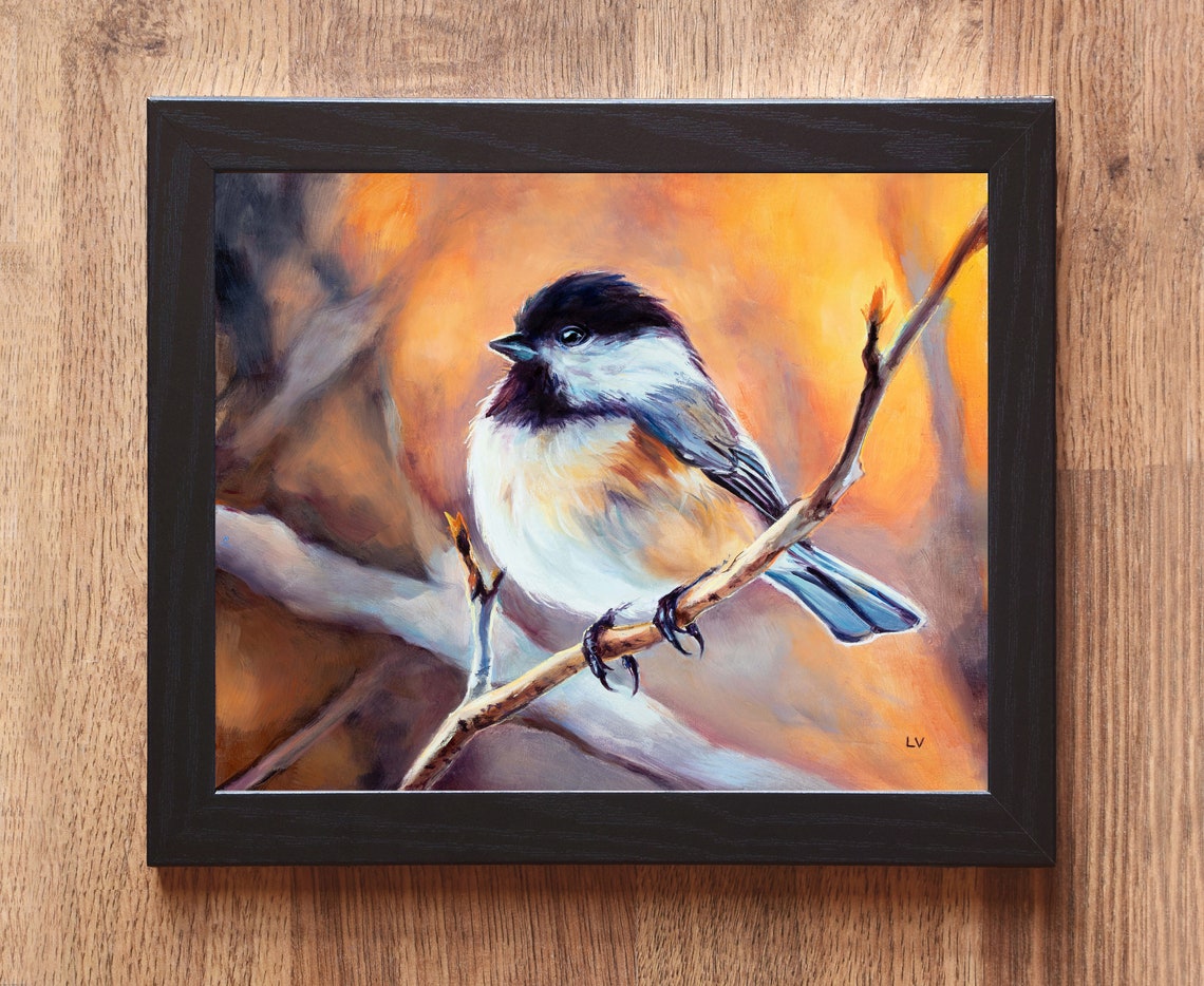 Chickadee Perched on a Branch Glowing in Warm Amber Light Poster - Image 6