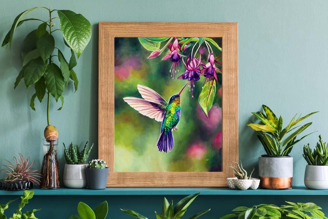 Close Up Of Hummingbird Sipping Nectar From Fuchsia Blooms Art Poster - Image 4