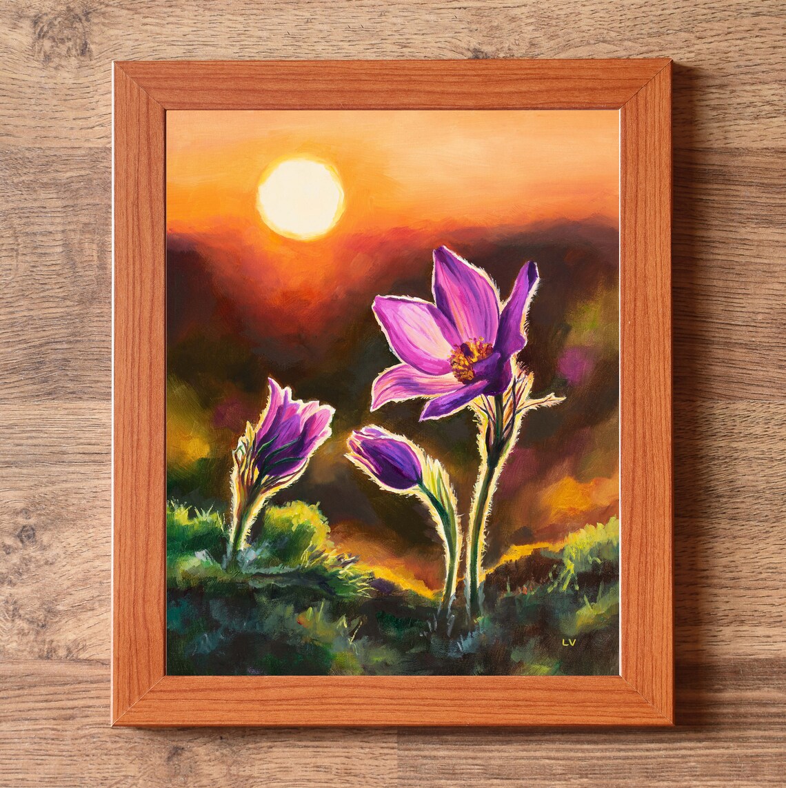 Pink Pasque Flower Backlit Sunset Meadow Floral Oil Painting Poster - Image 2
