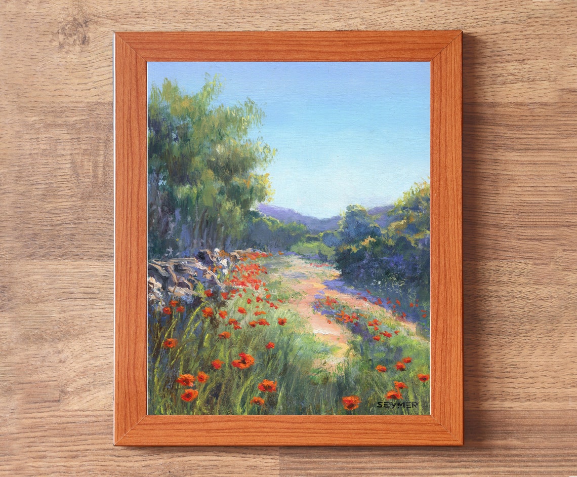 Sunlit Country Path Lined with Red Poppies between the Trees Poster - Image 5