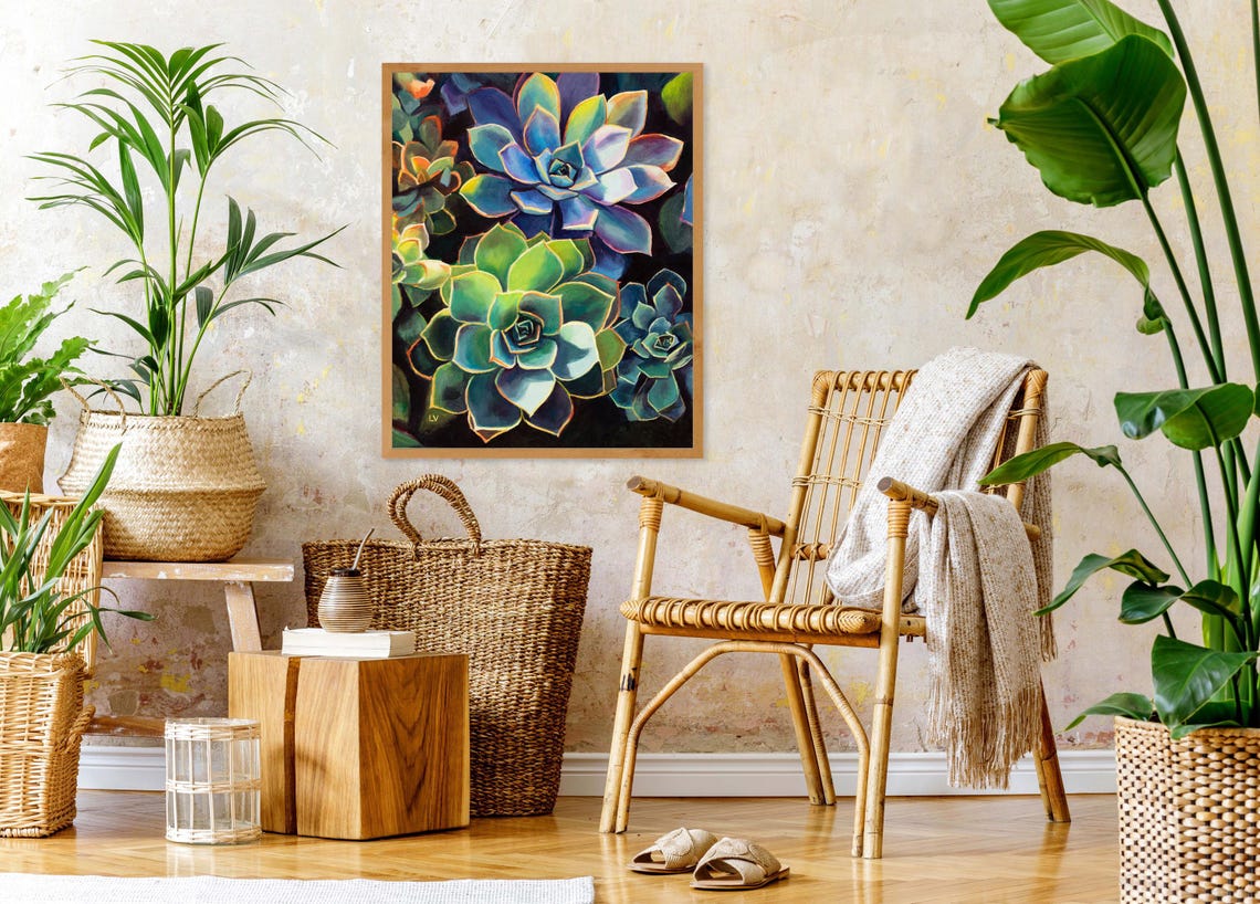 Blue and Green Succulent Cluster Oil Painting Botanical Print - Image 3