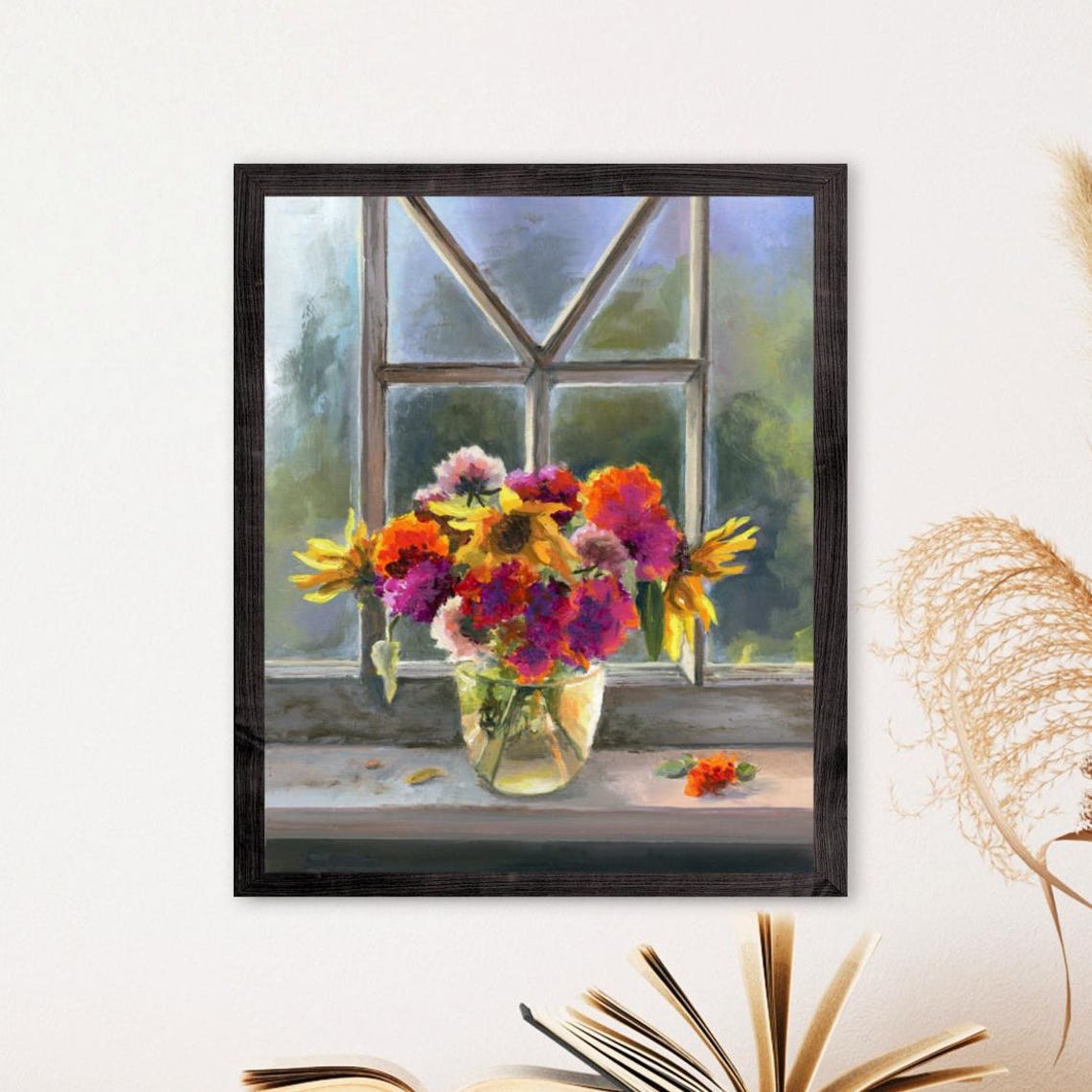 Marigold Bouquet Window Vase Colorful Still Life Oil Painting Poster