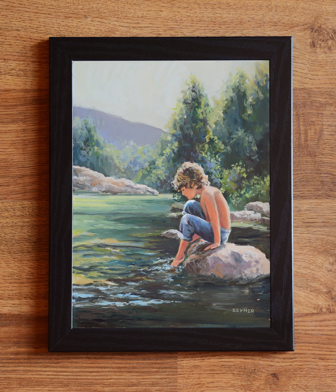 River Landscape Painting With Kid Framed Children Original Painting Creek Landscape Art For Country House Wall Decor Summer Oil Painting - Image 2