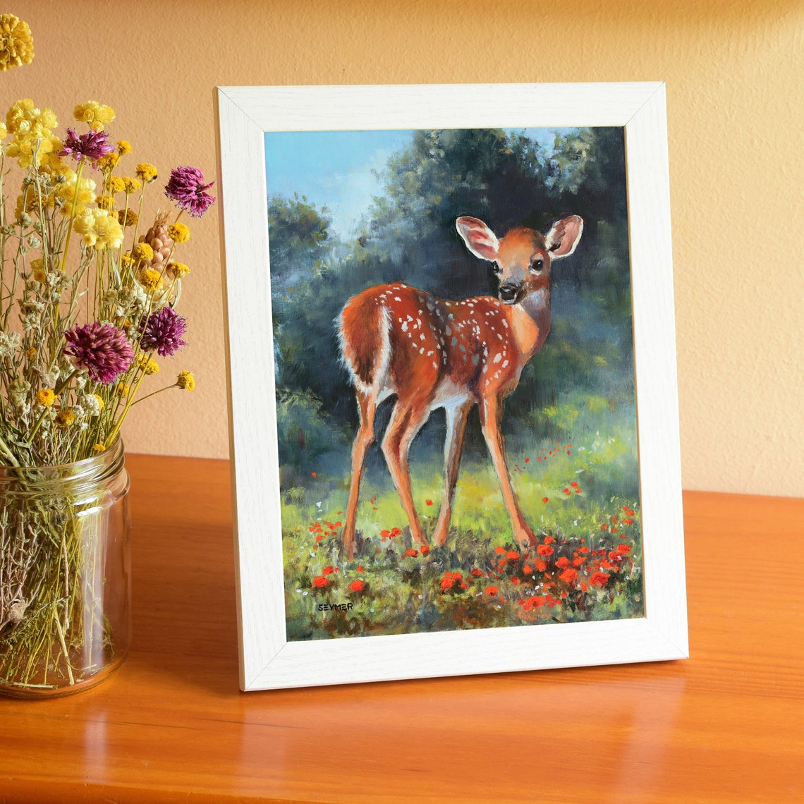Spotted Baby Fawn Standing Alert in a Peaceful Sunlit Forest Poster - Image 2