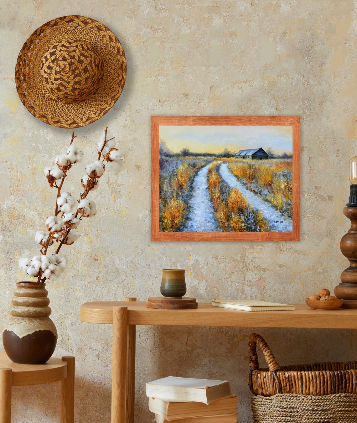 Snowy Farm Road Winter Landscape Oil Painting With Old Barn Poster - Image 4