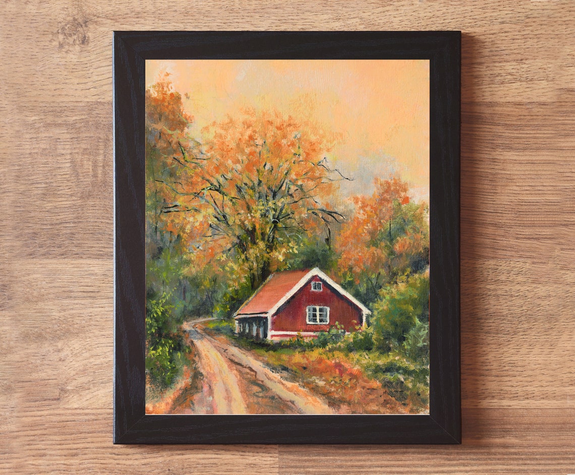 Red Country Cabin Nestled Among Autumn Trees at Warm Dusk Poster - Image 3