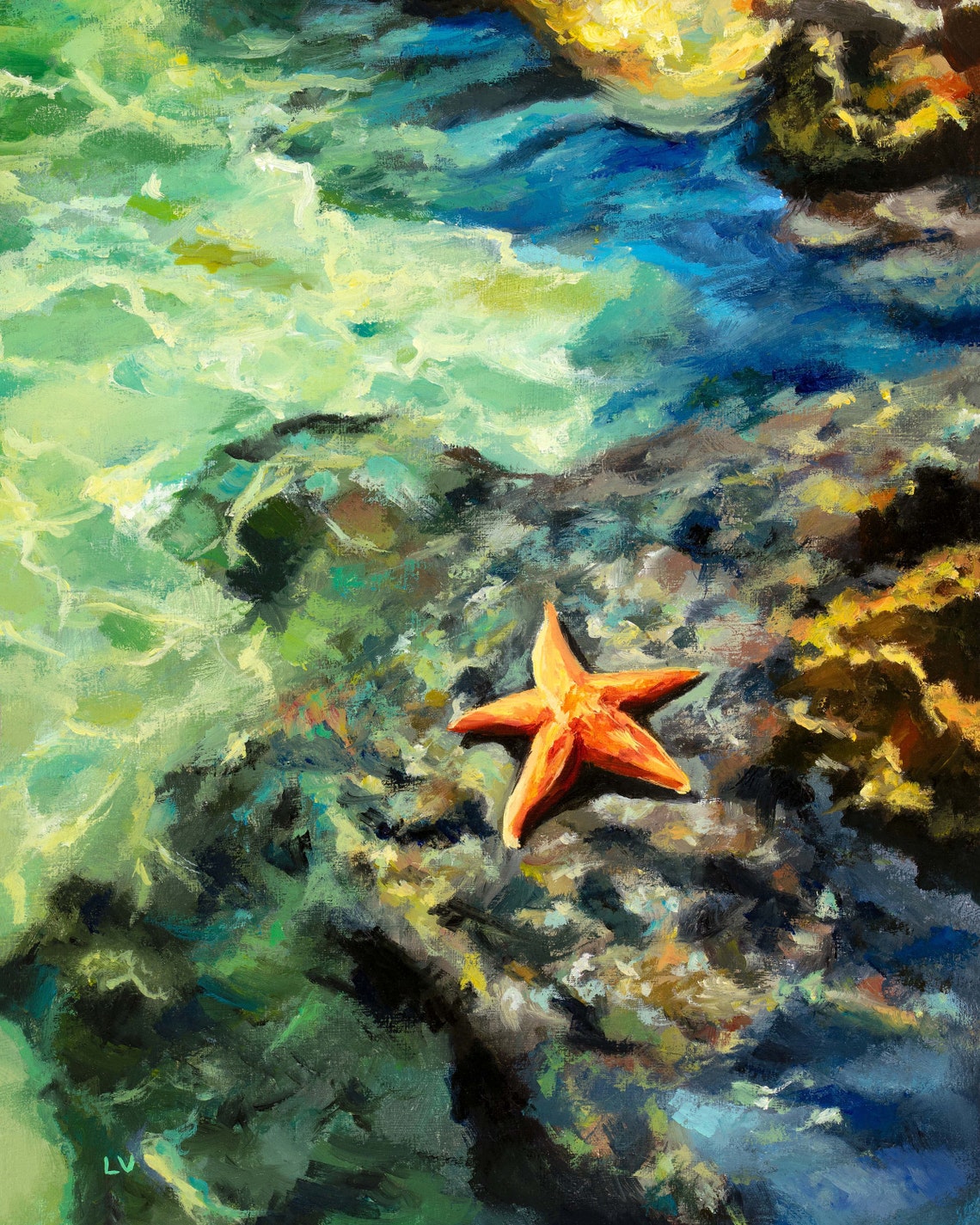 Starfish Fine Art Print Colorful Beach Oil Painting Hamptons Wall Art Coastal Bathroom Painting Print Waves And Rocks Sealife Wall Decor - Image 6