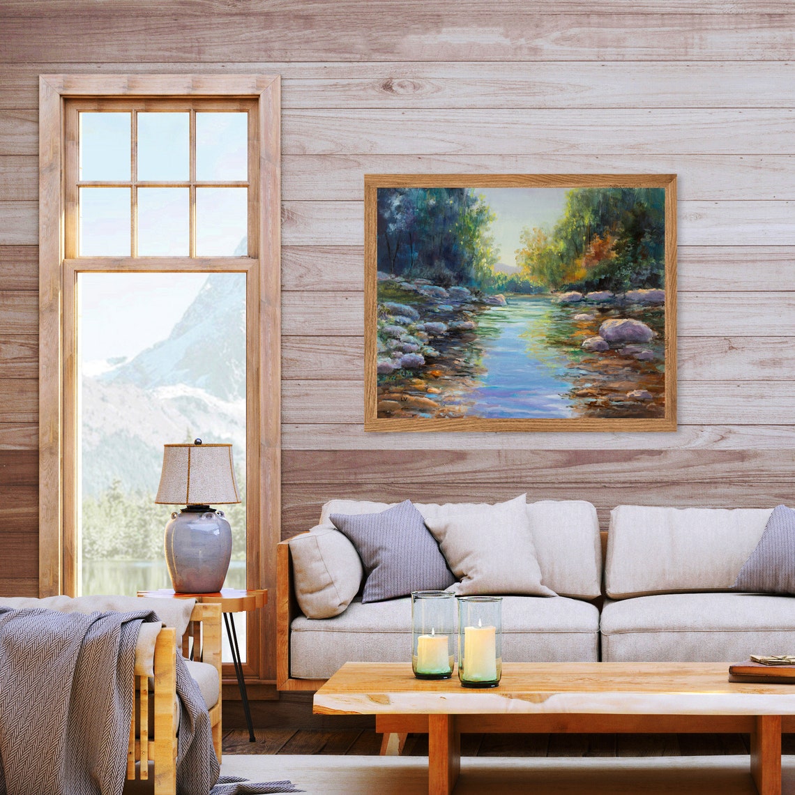 Rocky River Stream Forest Landscape Oil Painting With Sunlight Poster - Image 3